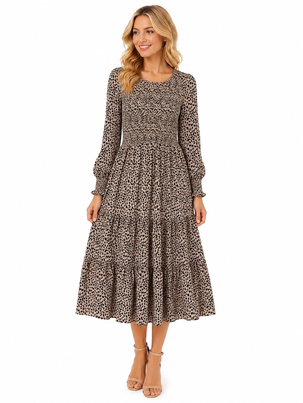 Women’s leopard Dress Long Sleeve Smocked Boho Tiered Midi Dress with Pockets